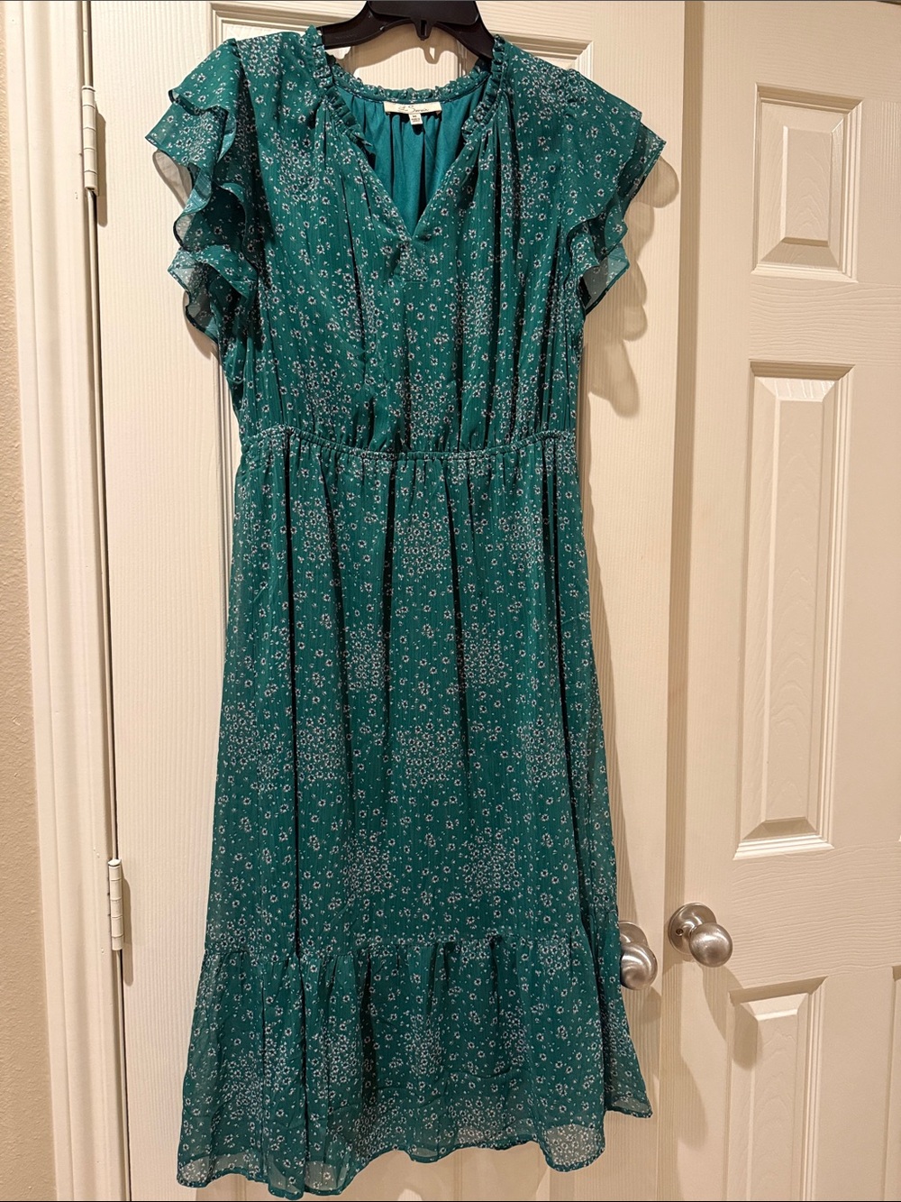 Teal Floral Ruffle Sleeve Midi Dress - Unknown Brand